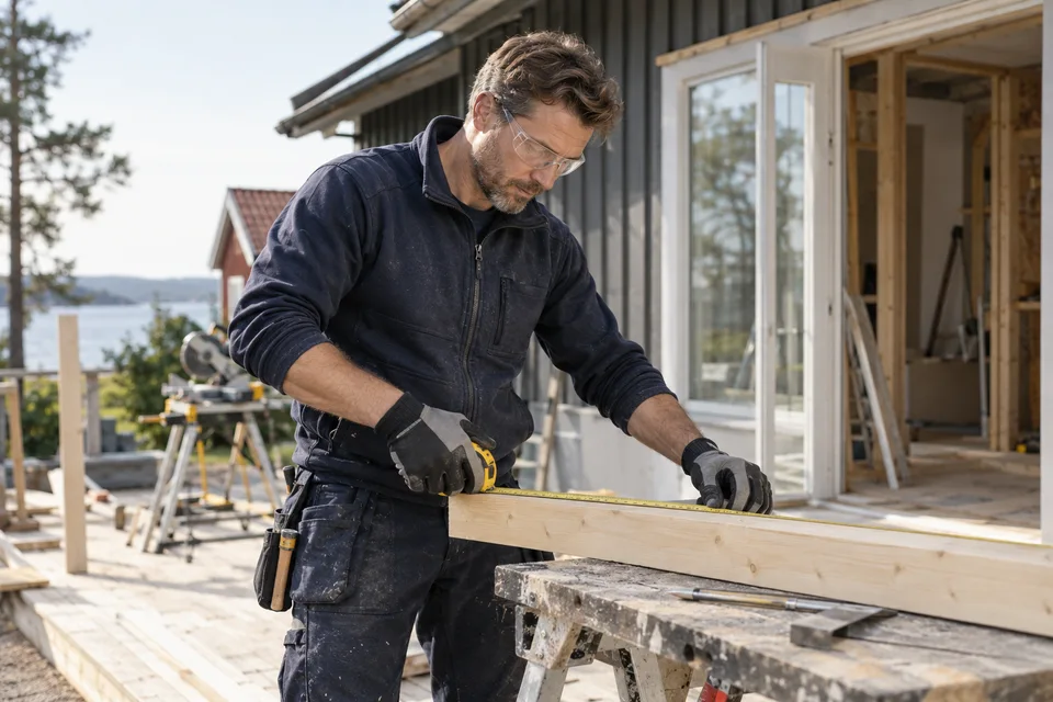 Byggarbetare mäter virke vid ett renoveringsprojekt