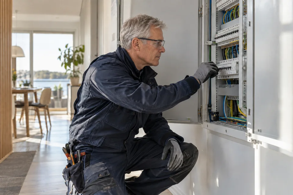 Elektriker arbetar vid ett elskåp